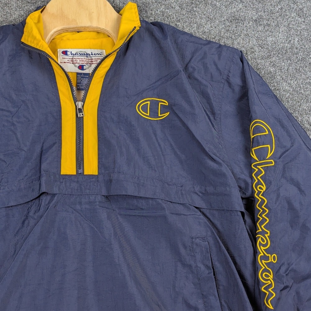 Champion Mens Half Zip Windbreaker Jacket Navy Blue Yellow Embroidered Large - Picture 7 of 15